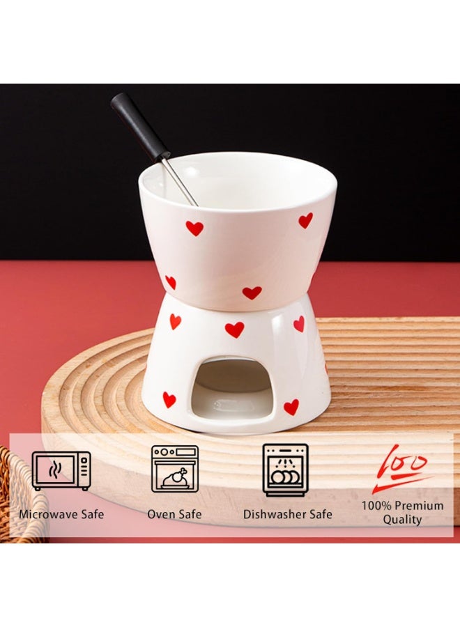 Bukela كوب فوندو الجبنة الحلوة مع شوكتين للغمس، مجموعة أكواب ذوبان الشوكولاتة الخزفية البيضاء، دافئ زبدة لطيف للمأكولات البحرية، ذوبان شوكولاتة فريدة للمواعيد/الذكرى/هدية/عيد الميلاد (حب أبيض) - Image 4